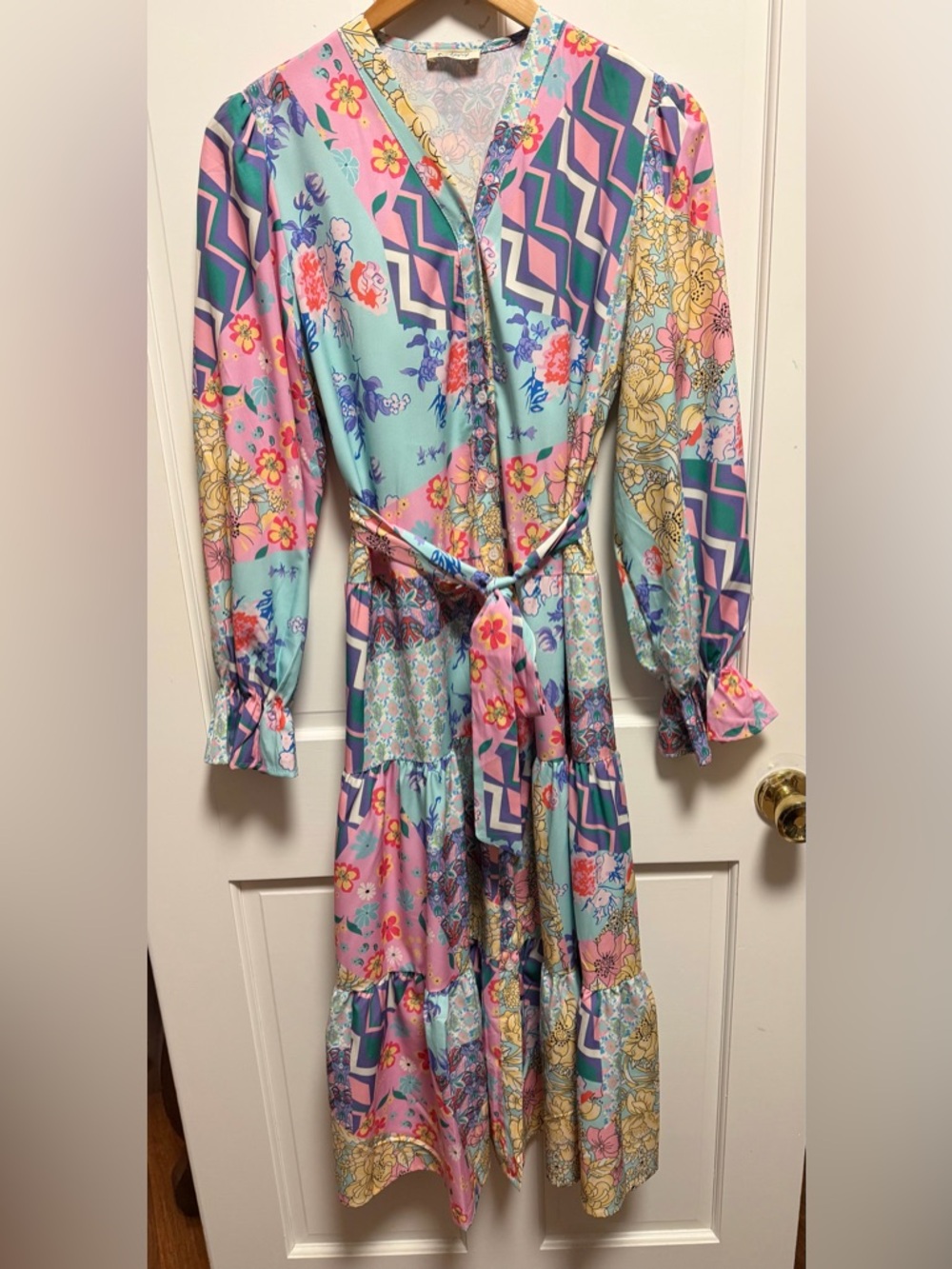 Sunday Up Pastel Floral Patchwork Button Down Tie-Waist Maxi Dress Women’s M